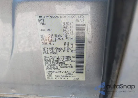 2017 Nissan Frontier Sv z USA, uszkodzony, nr VIN 1N6DD0EV2HN732832